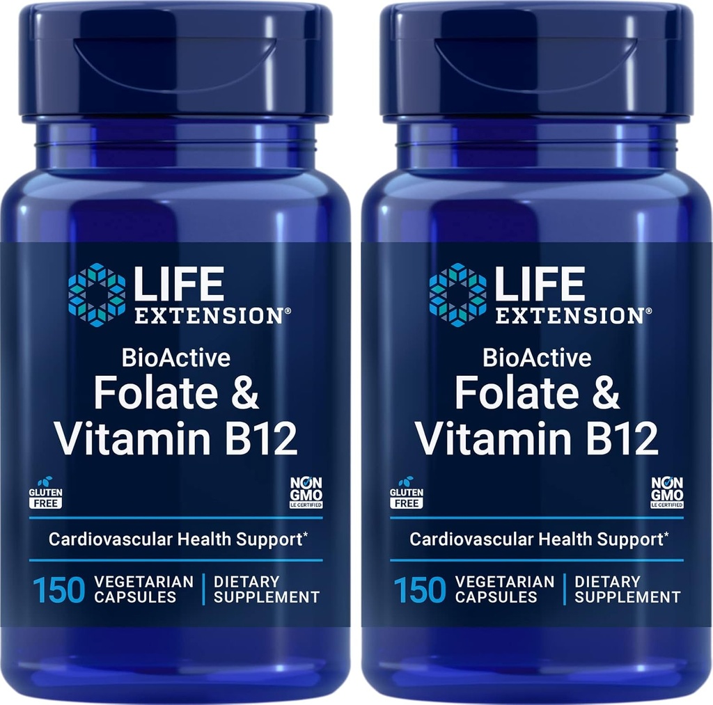 Prolongation de vie Folate bioactif et vitamine B12, 150 Capsules végétariennes (paquet de 2), non OGM, sans gluten