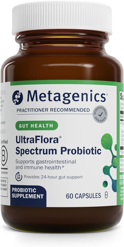 Métagène UltraFlora Spectrum - Probiotique stable à plateau pour le bien-être gustatif et digestif, le microbiome sain et le soutien aux fleurs* - Non-OGM et sans gluten - 2 mois - 60 capsules