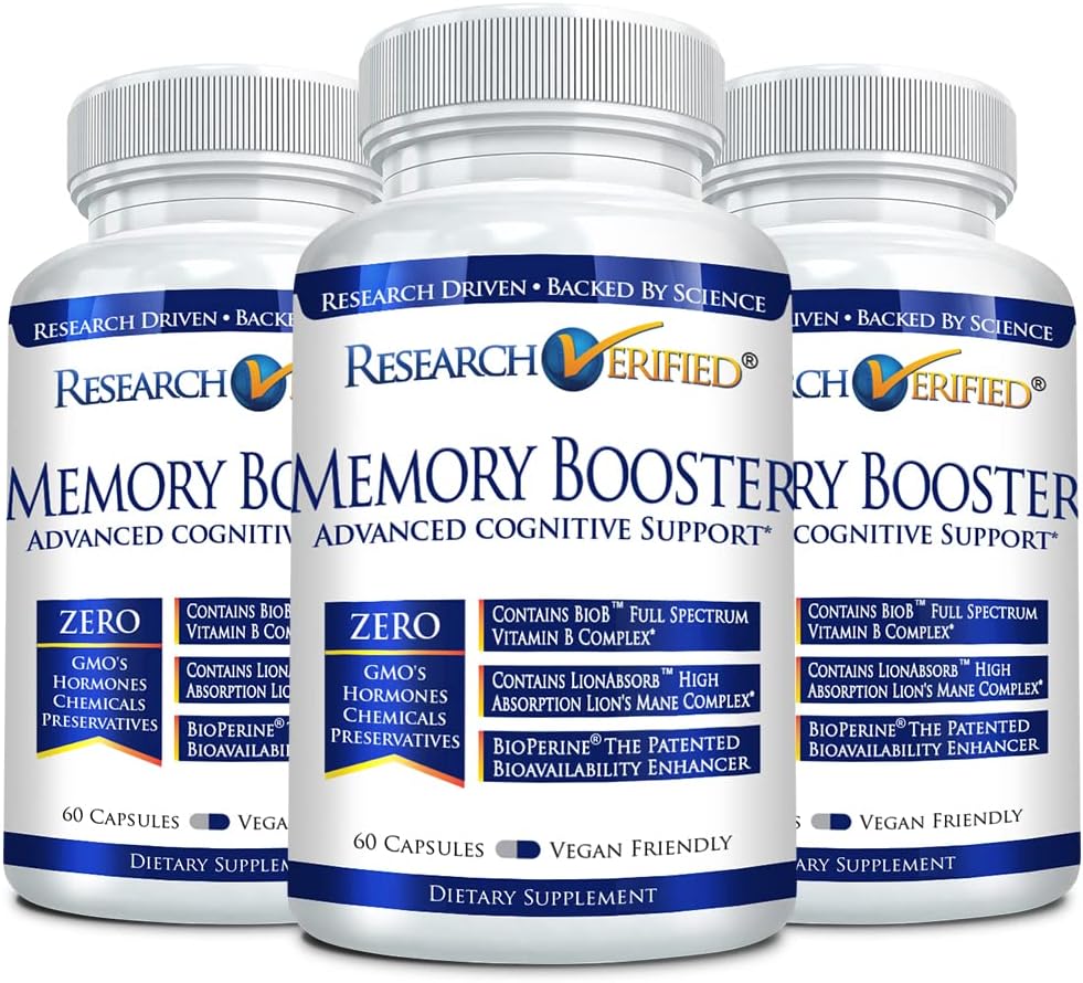 Research Verified Memory Booster - Supplément Nootropic - Améliorer la cognition et la mémoire - Le Lion, Ginkgo Biloba, BioPerine - Approvisionnement de 3 mois - Non-OGM - Fabriqué aux États-Unis