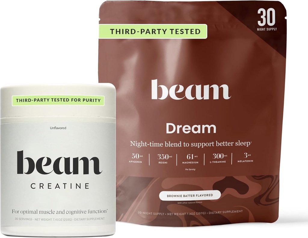 Beam Dream Sleep Powder & Creatine Bundle, troisième partie testé aide au sommeil naturel et supplément de récupération avec micronize créatine monohydraté, poudre de créatine pure non aromatisée pour la force musculaire, énergie