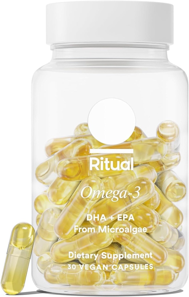 Ritual Omega 3 - Vegan - Science-Backed Dose of DHA & EPA Fatty Acids in 2:1 Ratio, Bioavailable, Brain and Heart Health Support, Minimal Burp-Back, Sustainably Sourced Microalgae, 30 Day Supply