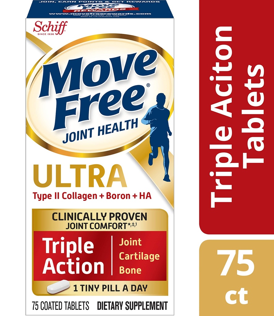 Déplacer sans colagène de type II, bore et ha Comprimés ultra triple action, Déplacer sans (75 Nombre dans une bouteille) 1 ea (paquet de 3)