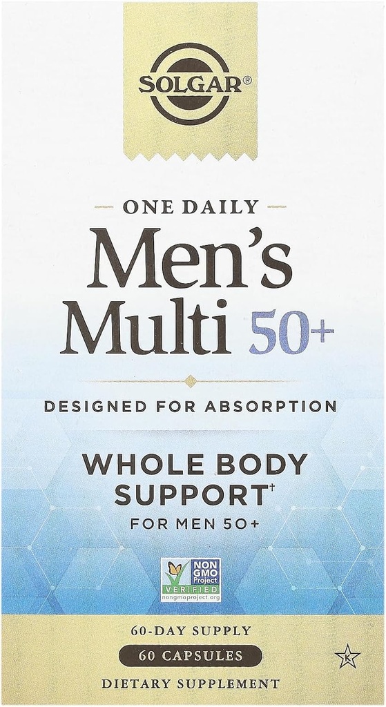 Solgar One Daily Hommes Multi 50+ Soutien du corps entier pour les hommes 50 ans et plus Très Absorbable Release Relayed Heart, Energy, Stress, Muscle, Os, Prostate Support Vitamine 60 Capsules Vegan, 60 portions