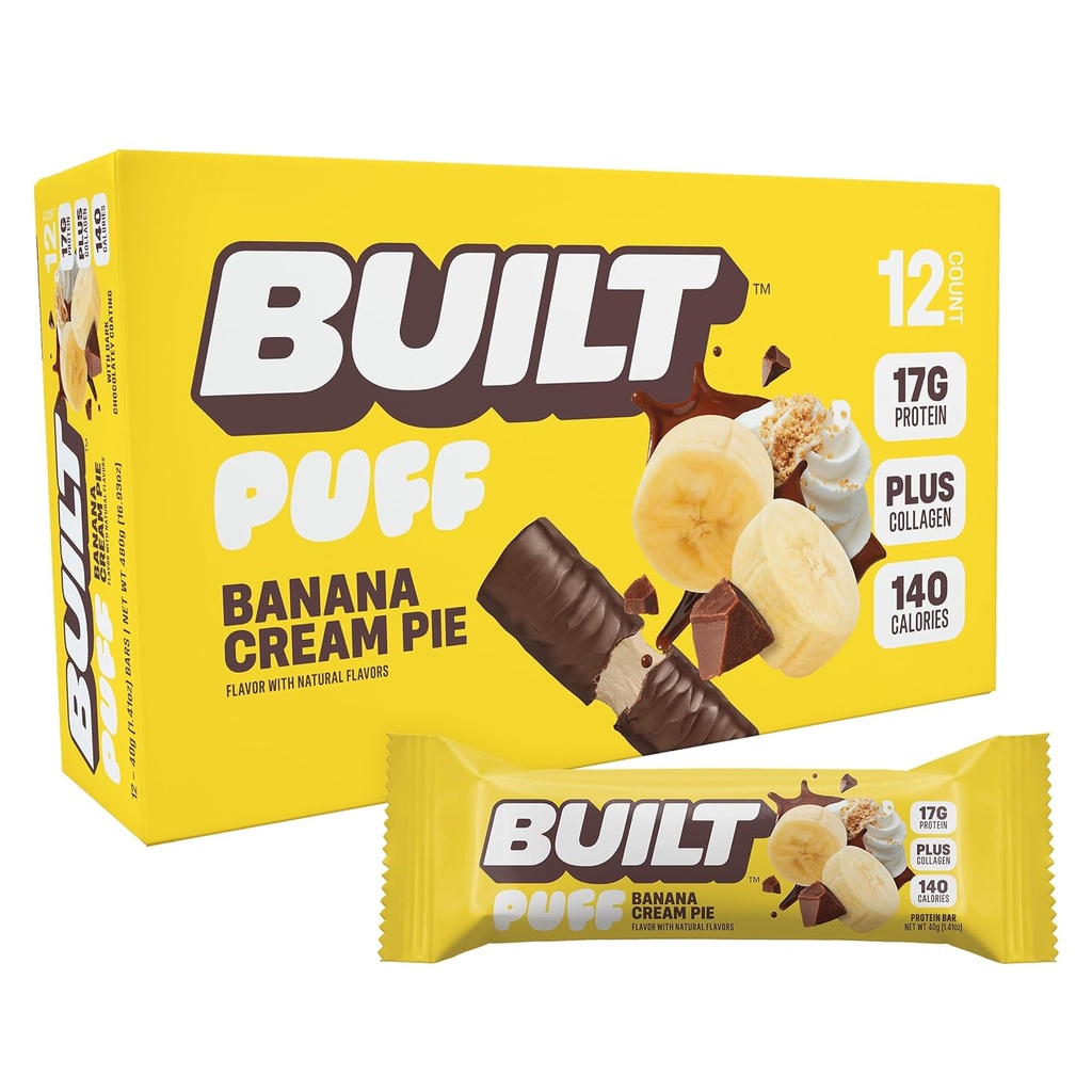 Bar construit, barres protéinées de puff, puff à la crème de banane, 17g de collations protéinées, barres sur le pouce, seulement 140 calories, 6g de sucre, collagène, sans gluten, 12 comte