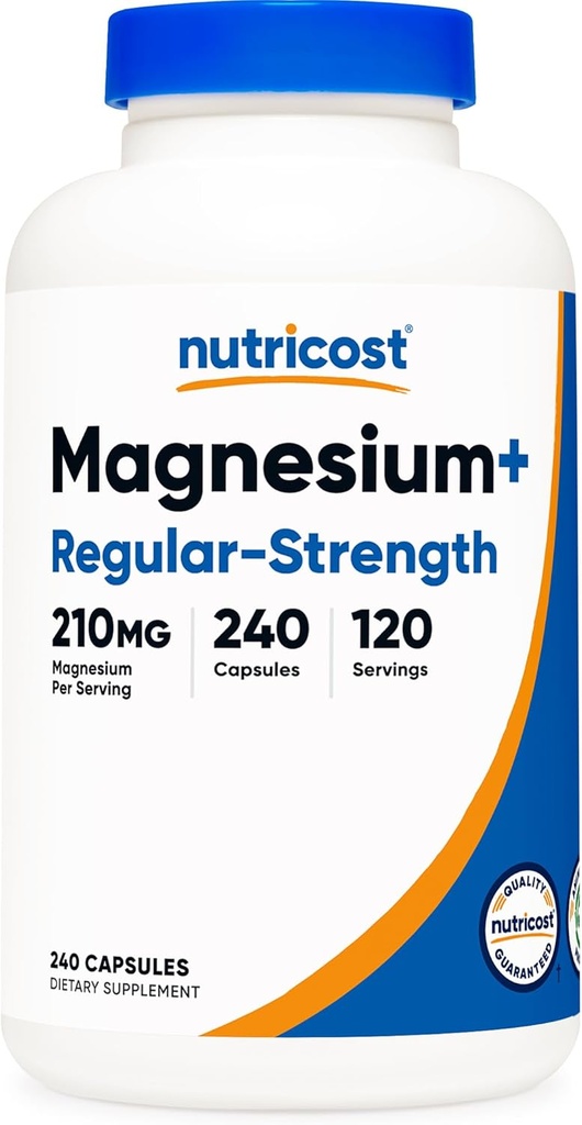 Nutricost Magnésium+ Force régulière (210mg, 240 capsules) - 120 portions, faites avec du glycinate de magnésium et de l'oxyde, non OGM, sans gluten et respectueux des végétaux