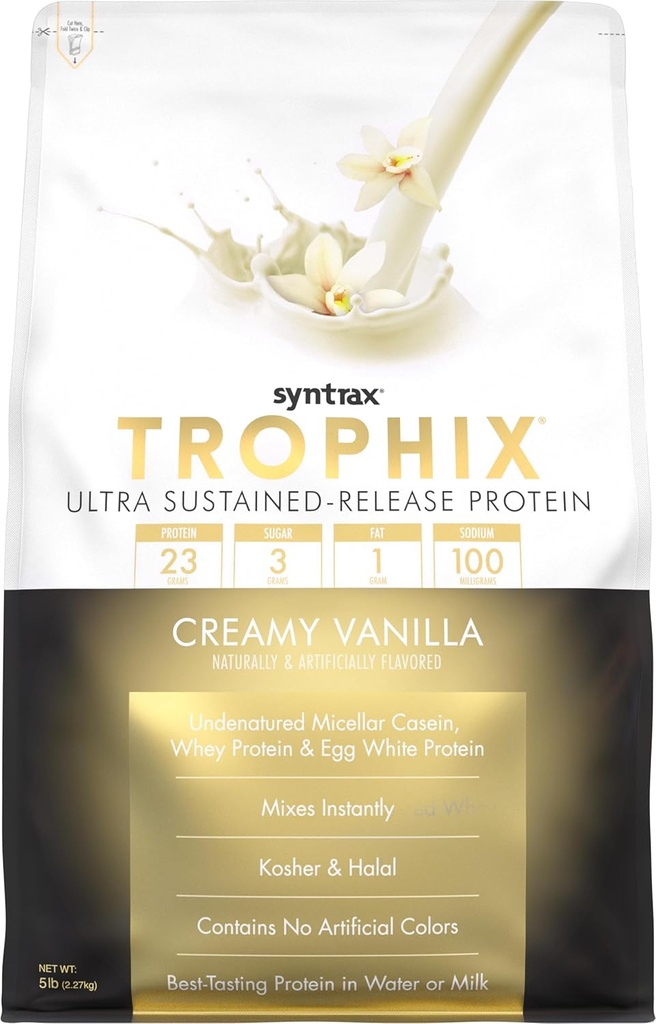 Syntrax Nutrition Trophix, Mélange de poudre de protéines à libération prolongée, Vanille crémeuse 5 lbs, Real Vanilla Ben Specks