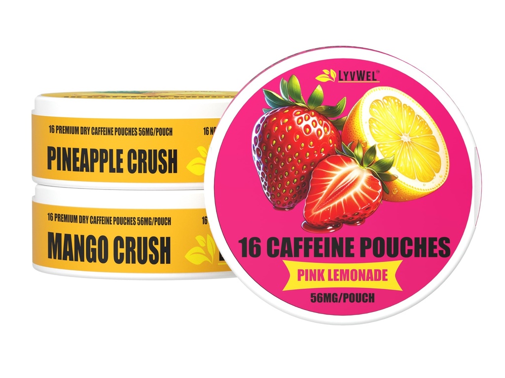 LyvWel 56mg Pouches d'énergie caféine – Cimonade rose, Crush aux ananas, Crush à la mangue – Énergie propre fruitée et focus boost avec Guarana – échantillonneur à 3 paquets (48 Pouches totales)