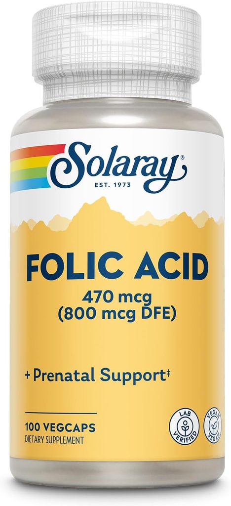 Acide folique SOLARAY - supplément d'acide folique de vitamine B9, vitamine prénatale - soutien au développement des cellules sanguines - végétalien, laboratoire vérifié, garantie de 60 jours - 100 portions, 100 VegCaps
