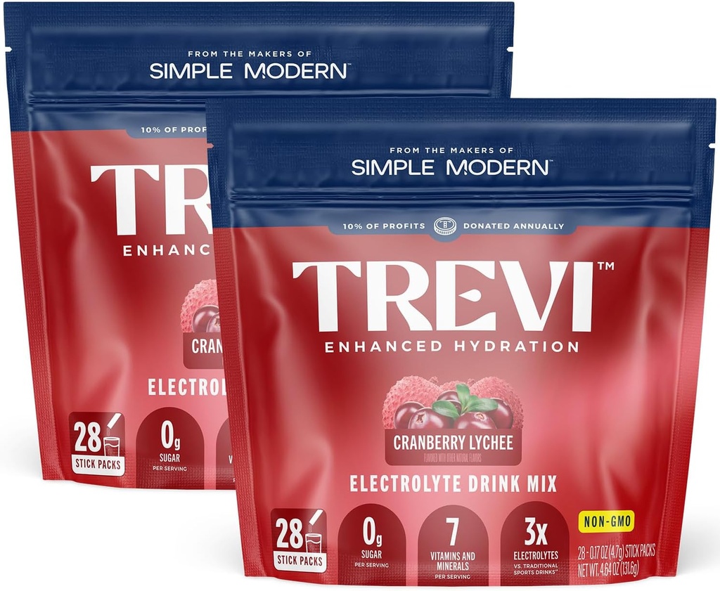 Electrolytes sans sucre TREVITM - Mélange de boissons en poudre d'hydratation - 56 Compte - Cranberry Lychee