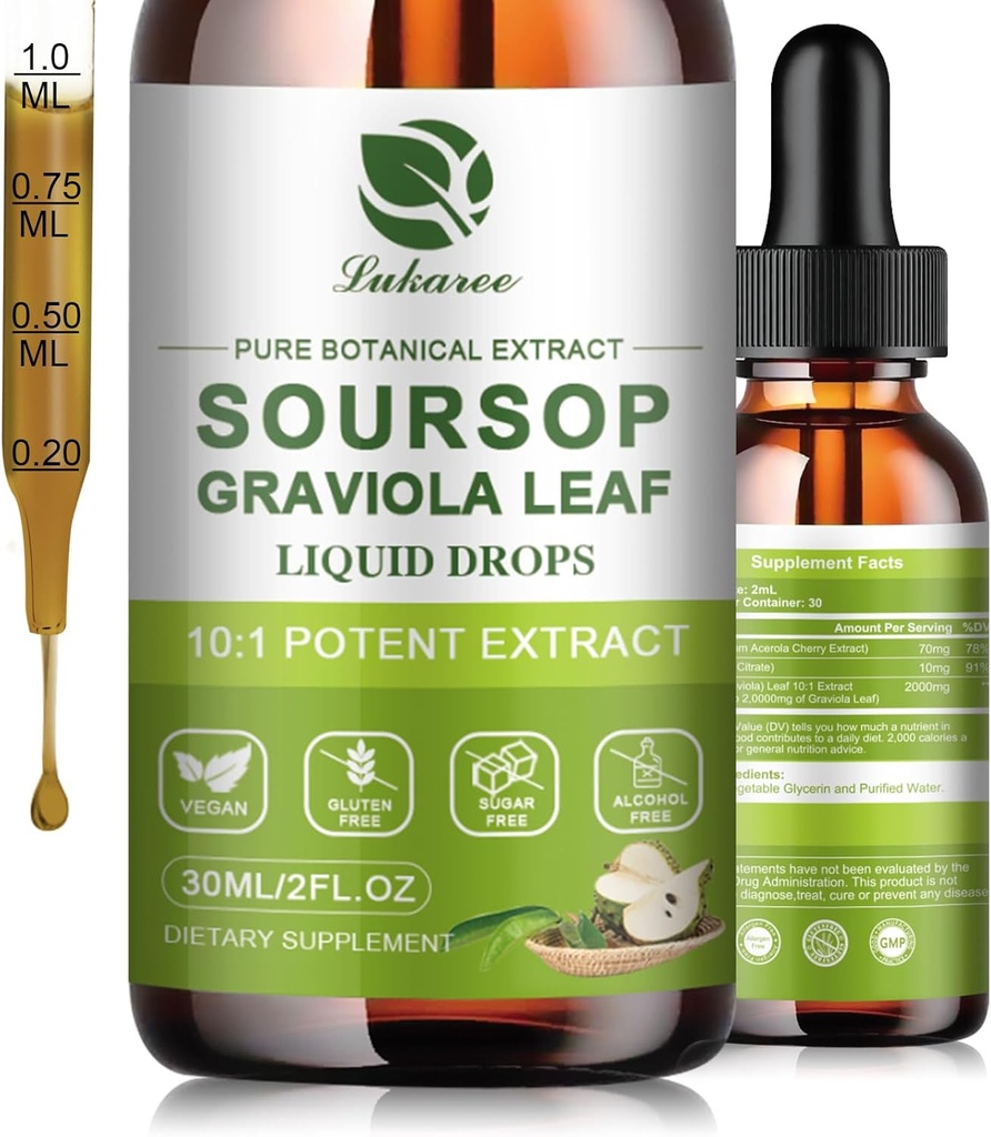 Nature Soursop Bitters liquide, 15 jours d'approvisionnement huile de graviola pour le soutien cellulaire et la régénération, antioxydant, emboîtement immunitaire, digestif, sans sucre, sans gluten, acide SOP gouttes multivitamine 1 FL OZ