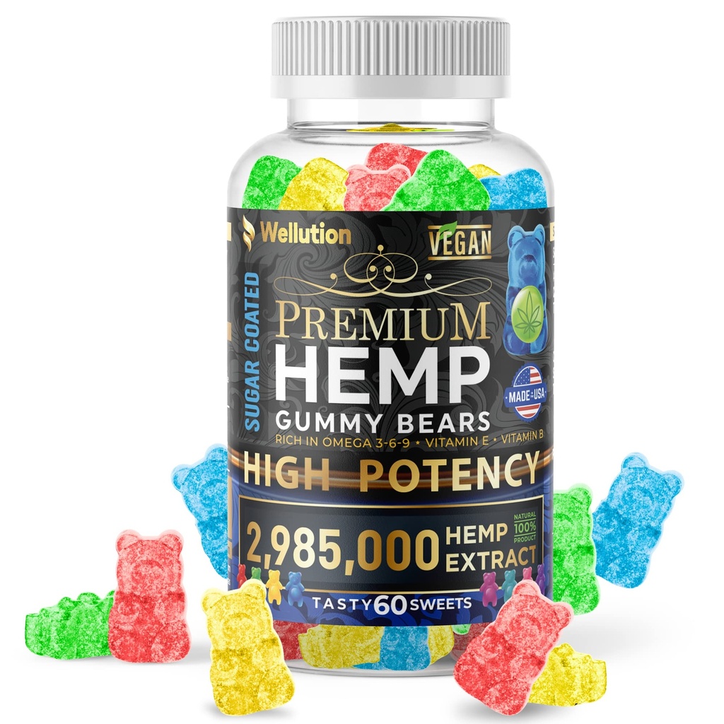 WELLUTION Sugar-Coated Hemp Gummies – High Potency 2,985,000 MCG – Natural Fruity Bears for Relaxation and Peace - Fast-Acting - 60ct