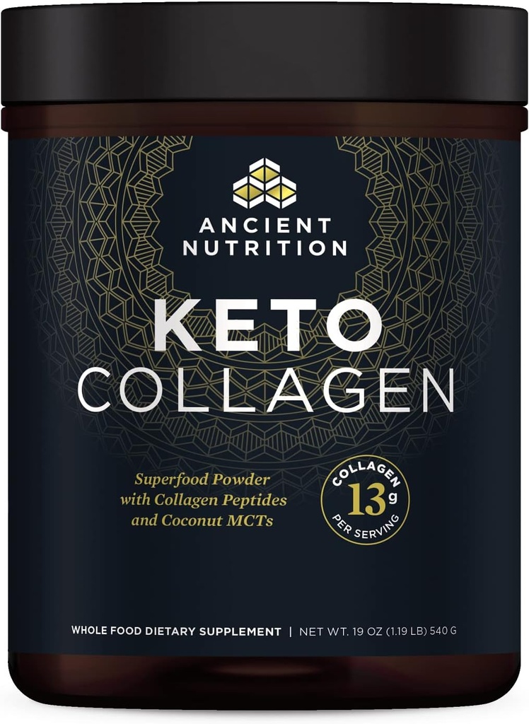 Ancient Nutrition Keto Collagen Powder Drink Mix, Keto Diet Supplément avec MCT, Peptides de collagène hydrolysés pour soutenir la peau et les articulations saines, 30 portions, 19 oz (paquetage mai Vary)