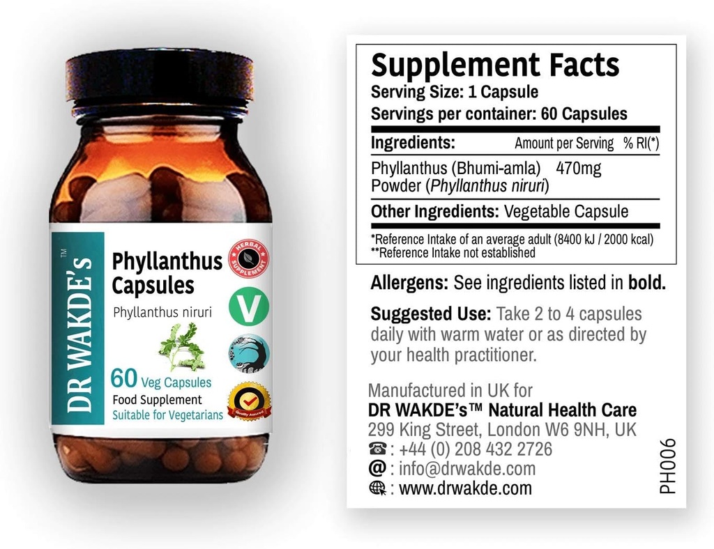 DR WAKDE'S® Phyllanthus Capsules (Bhumi-amla/Bhumyamalaki) I 100% Herbal I 60 Veggie Capsules I Ayurvedic Supplement
