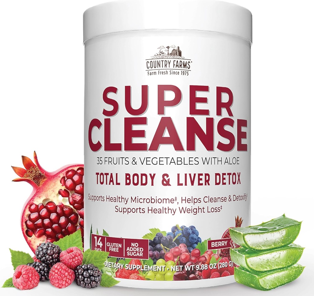 Country Farms Super Cleanse, Super Juice Cleanse, soutient un système digestif sain, 34 fruits et légumes avec Aloe, favorise la désintoxication naturelle, la poudre à boire, 14 portions, 9.88 Ounce