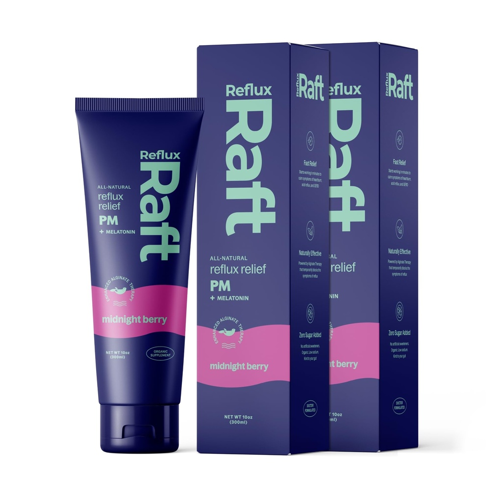 Thérapie de reflux acide PM, Alginate organique et mélatonine, Gerde rapide et durable, LPR et support des symptômes de digestion, Zéro sucre, sans gluten, Berry de minuit, 47 portions de gel par bouteille 8 OZ, 2 pack