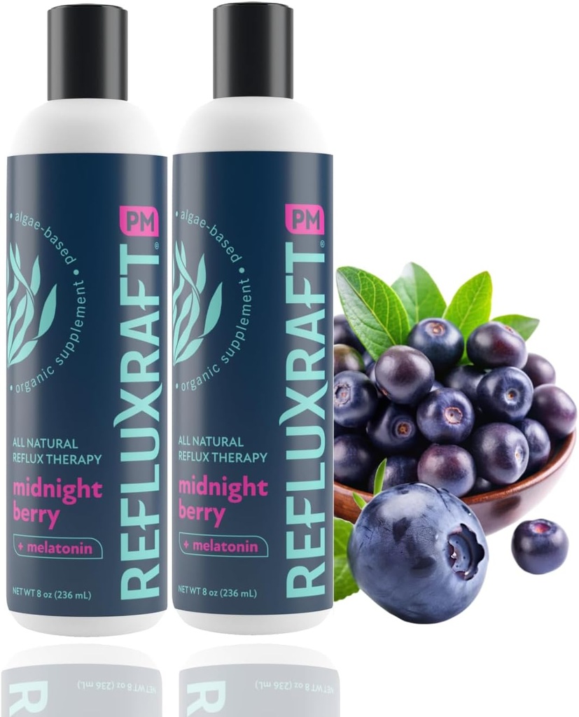 Thérapie de reflux acide PM, Alginate organique et mélatonine, Gerde rapide et durable, LPR et support des symptômes de digestion, Zéro sucre, sans gluten, Berry de minuit, 47 portions de gel par bouteille 8 OZ, 2 pack