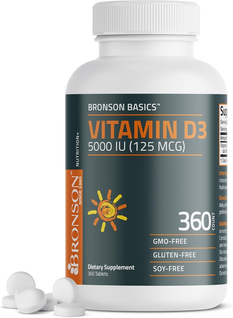 Bronson Vitamine D3 5000iu (125mcg) 1 an pour une fonction musculaire saine et un soutien immunitaire, non-OGM, 360 comprimés
