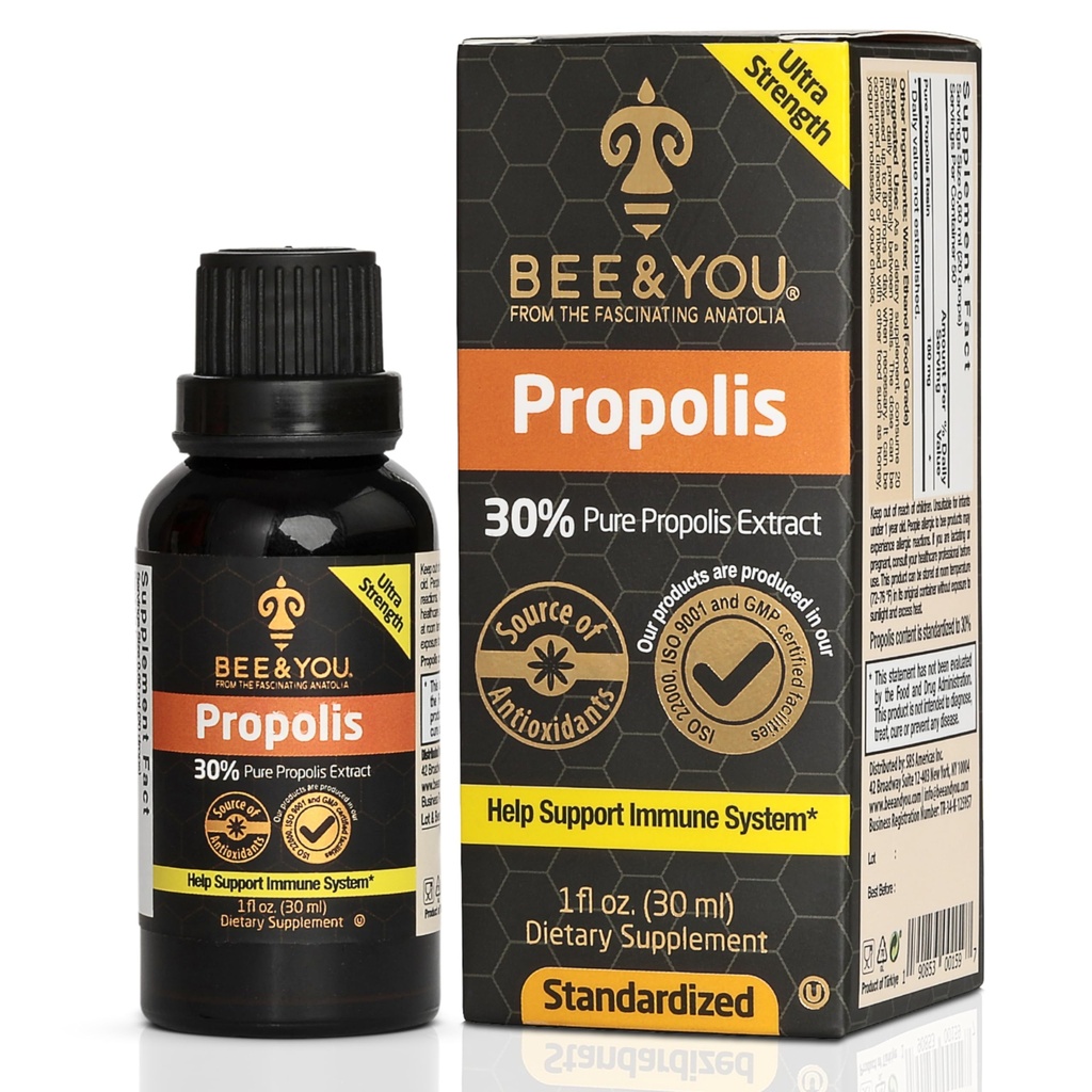 Abeille et vous Propolis gouttes d'extrait liquide, 30% Propolis, Ultra Pure, Supplément de soutien immunitaire, Gorge douloureuse, Allergie Relief, Respiratoire, Antioxydants, Keto, Paléo, Sans gluten, 1 Fl Oz
