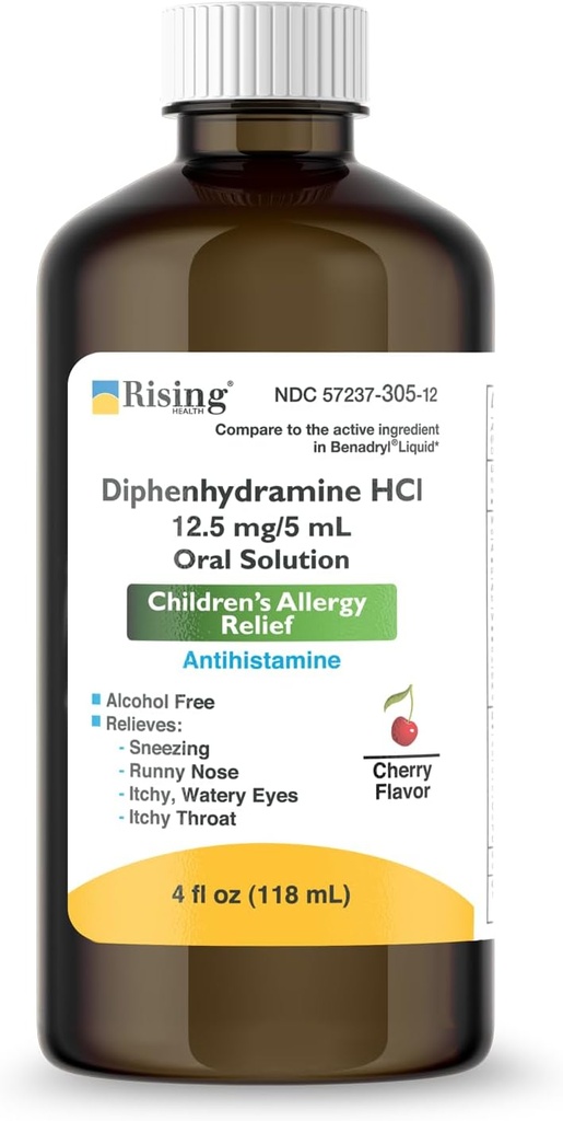 Santé en hausse - Médecine liquide de soulagement de l'allergie avec la diphénhydramine HCl 12,5mg/5ml - Sirop d'allergie pour enfants pour symptômes comme le nez runny, les yeux démangeants et plus - Cherry Flavor - 4 fl. oz