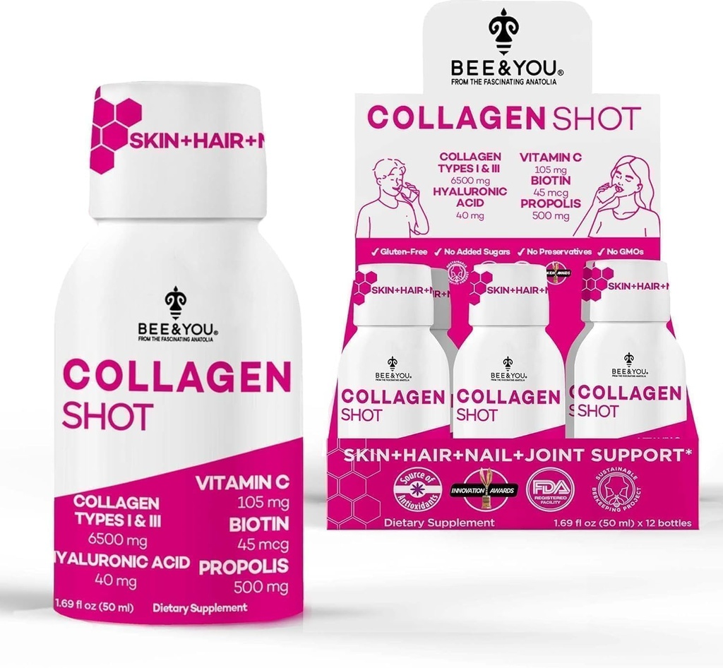 Abeille et vous Collagène boisson de shot liquide avec vitamine C, extrait de propolis, acide hyaluronique, biotine, favorise la peau, cheveux, ongles et santé articulaire, 1,69 fl. Oz x 12 Pack