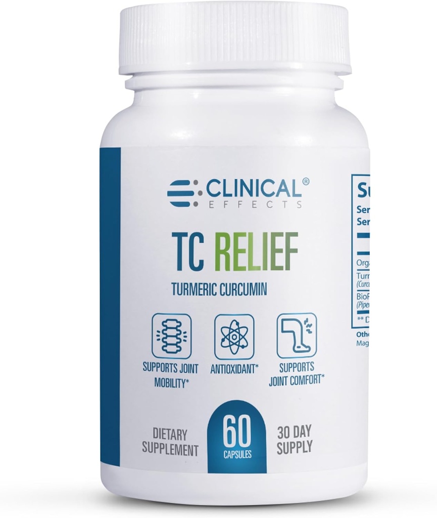Effets cliniques TC Relief - Curcumine curmérique avec Pepper Noir Bioperine - Supplément pour le confort et la mobilité - 60 Capsules