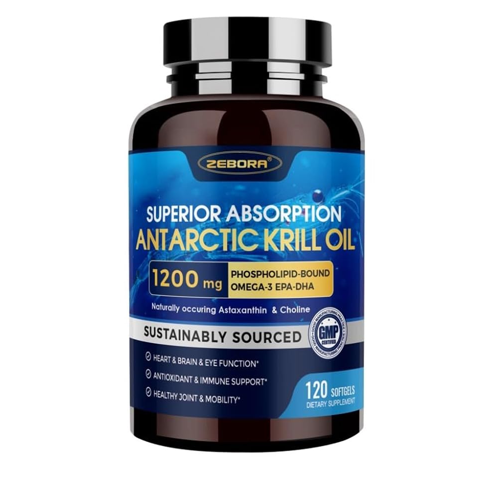 Huile de krill 1200 mg supplément Omega 3, huile de krill Omega 3 avec haute absorption EPA, DHA, Astaxanthin et Phospholipides, soutient la santé cardiovasculaire et articulaire, sans arrière-goût de poisson - 120 Softgels (60 portions)