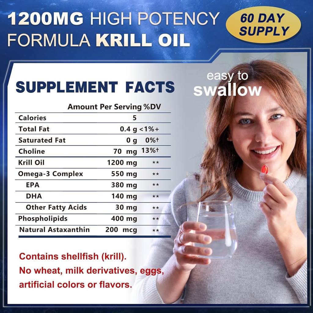 Huile de krill 1200 mg supplément Omega 3, huile de krill Omega 3 avec haute absorption EPA, DHA, Astaxanthin et Phospholipides, soutient la santé cardiovasculaire et articulaire, sans arrière-goût de poisson - 120 Softgels (60 portions)