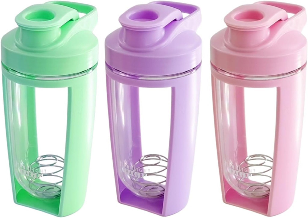Moonlight Makers Ensemble de Bouteille de Shaker protéinée de 3 Mignons 16oz, Boule de fouet en acier - étanche, Bouteilles de gymnastique sécuritaire pour lave-vaisselle, Bouteilles de shaker pour les shakes protéiniques, Bouteilles de mélange pré-entraînement - Rose, Vert, Violet