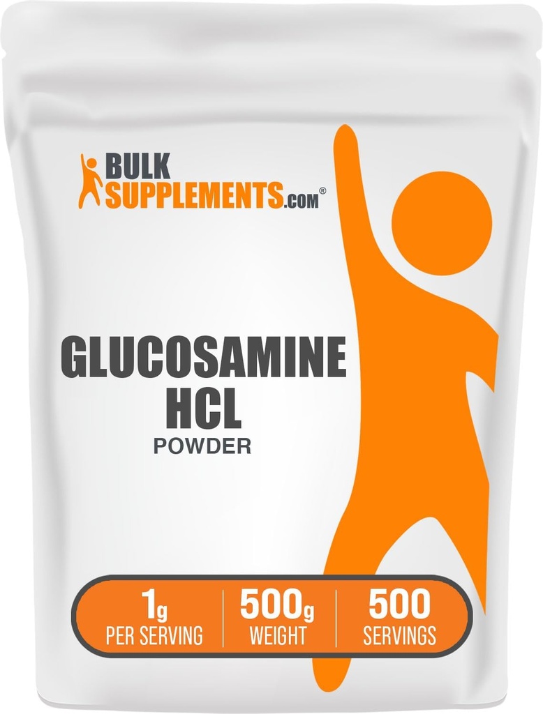BulkSupplements.com Poudre de glucosamine HCl - Supplément de glucosamine, Supplément de soutien conjoint - Sans gluten, 1g par portion, 500g (1,1 lb) (paquet de 1)