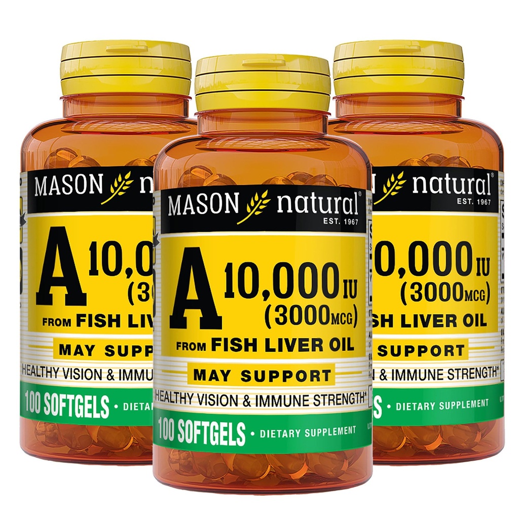 MASON Vitamine naturelle A 3000 mcg (10 000 UI) de l'huile de foie de poisson, soutient la vision et la santé immunitaire, 100 softgels, pack de 3