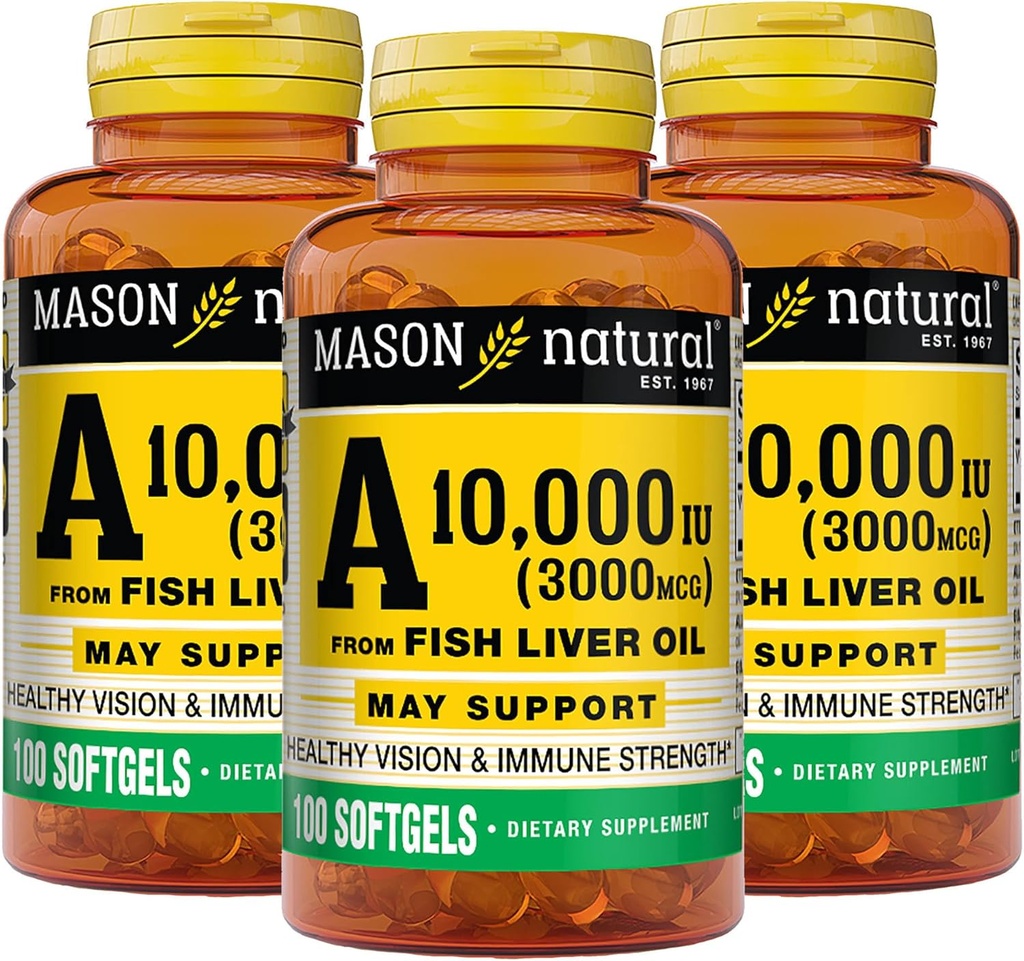 MASON Vitamine naturelle A 3000 mcg (10 000 UI) de l'huile de foie de poisson, soutient la vision et la santé immunitaire, 100 softgels, pack de 3