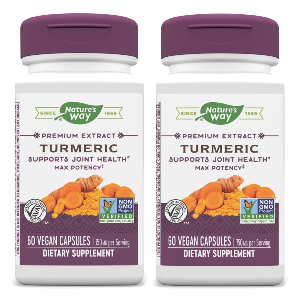 Nature's Way Turmeric Max Potency Premium Extract - Supplément curcuma pour le soutien mixte* - avec extrait curcuma - pour hommes et femmes - Sans gluten - 60 Capsules Vegan (Pack de 2)