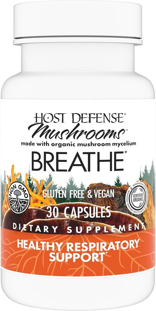 Host Defense Breathe* Capsules - Supplément de champignons immunitaires et respiratoires - Supplément de santé pulmonaire à base de plantes avec Chaga, Reishi & Cordyceps - 30 Capsules (15 portions)*