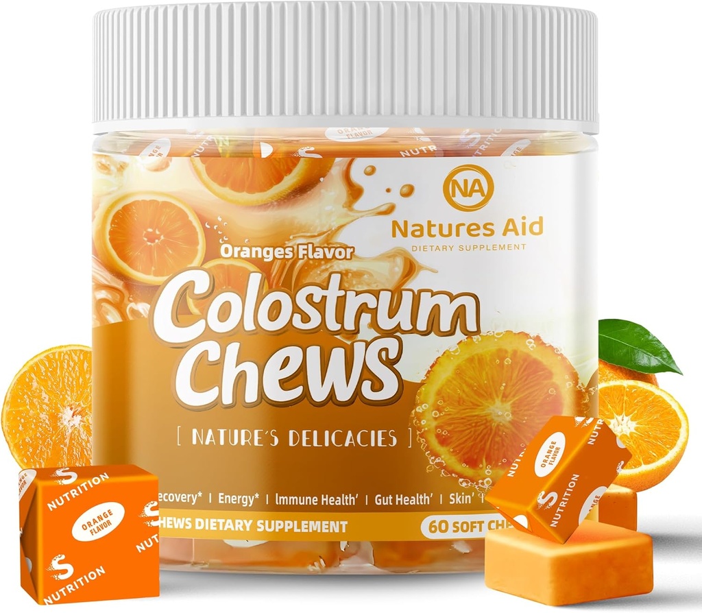 Colostrum Chews Supplément avec des probiotiques pour la santé de Gut, Bloating, Immune Support, la peau, la croissance des cheveux et la beauté - Orange Flavor (60 portions)