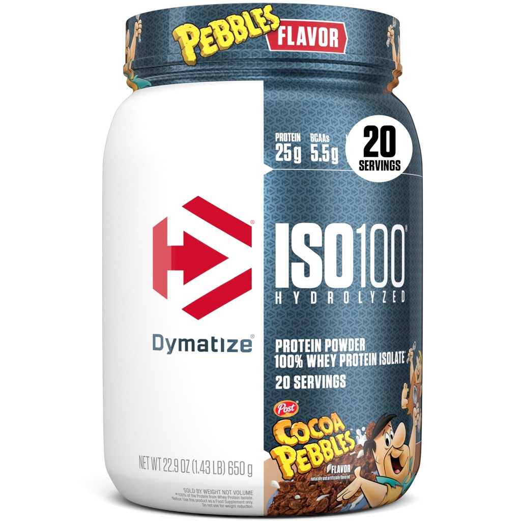 Dymatize x Cocao Pebbles ISO100 Whey Protéine poudre isolate, 25g de protéines, 20 portions, 5,5g BCAAs, 120 Cal., sans gluten, 1g de gras, 1g de sucre, 2g de glucides