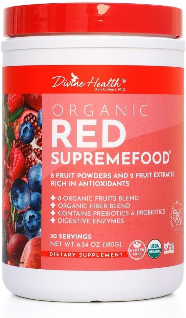 Santé Divine Organic Red Supremefood®. 10 fruits biologiques + probiotiques, enzymes, herbes, fibres et antioxydants.