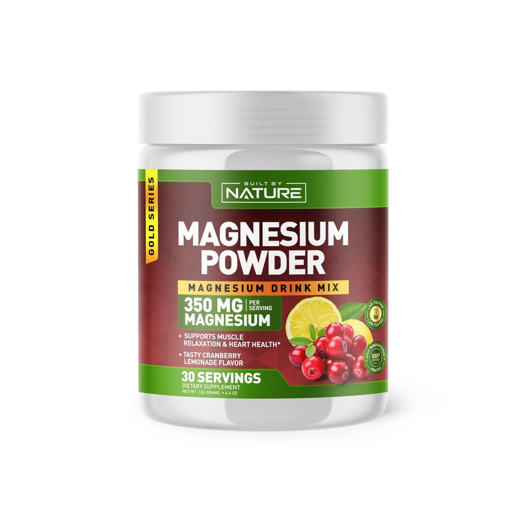Construit par la nature Magnésium poudre - Mélange anti-stress pour le calme et la régularité - Supplément de citrate de magnésium - Relaxation, musculation et soutien cardiaque - Cranberry Lemonade Saveur - 30 portions