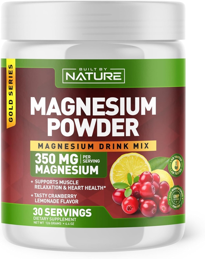 Construit par la nature Magnésium poudre - Mélange anti-stress pour le calme et la régularité - Supplément de citrate de magnésium - Relaxation, musculation et soutien cardiaque - Cranberry Lemonade Saveur - 30 portions