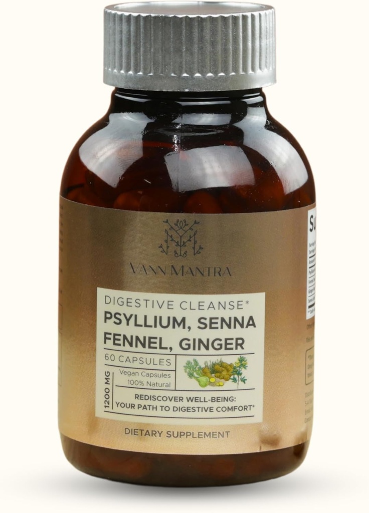 Capsules de nettoyage digestif - 1200mg Psyllium, Senna, Fenouil, Extrait de gingembre - 60 Compte, complément de soutien naturel digestif et de santé, doux Bowel Movement Aid - Vegan Formula for Balanced Gut Health