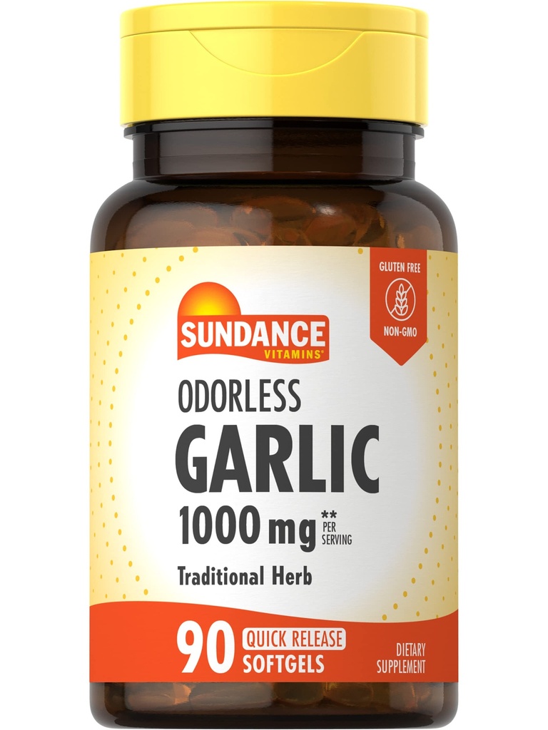 Sundance Odorless Ail Softgels , 1000mg , 90 Comte , Supplément sans OGM et sans gluten