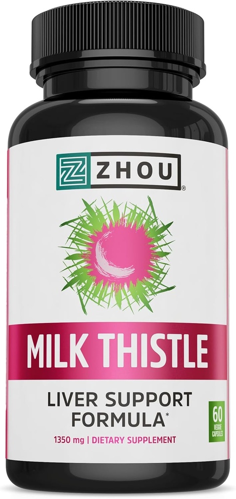 Thistle de lait de Zhou - supplément de santé du foie, extrait de chardon de lait silymarin et poudre pour les hommes et les femmes, nettoyage des plantes, santé métabolique - 60 capsules végétariennes