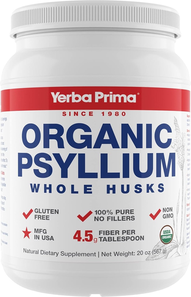 Yerba Prima Organic Psyllium Whole Husks Colon Cleanser - 20 oz - Supplément naturel quotidien de fibre alimentaire 20oz, Colon Cleanser, Regularity & Detox Cleansing Support, sans gluten, non OGM, végétalien