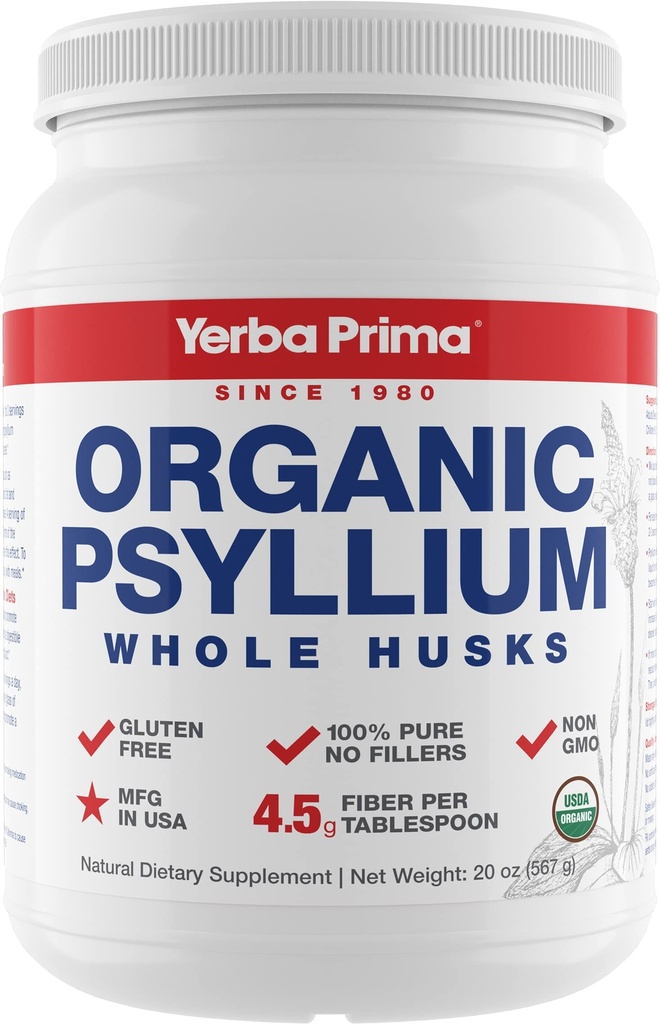 Yerba Prima Organic Psyllium Whole Husks Colon Cleanser - 20 oz - Supplément naturel quotidien de fibre alimentaire 20oz, Colon Cleanser, Regularity & Detox Cleansing Support, sans gluten, non OGM, végétalien