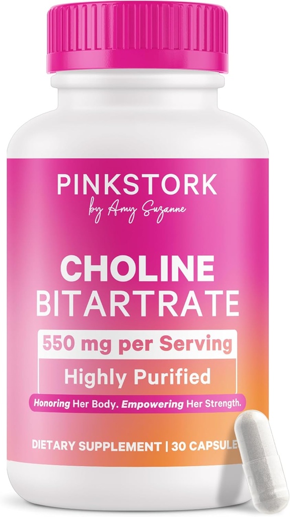 Pink Stork Choline - 550 mg Bitartrate de Choline de VitaCholine pour les mères enceintes + post-partum - Vitamine prénatale pour la santé cognitive foetale + qualité du lait maternel - 1 gélule par jour, 30 comtes