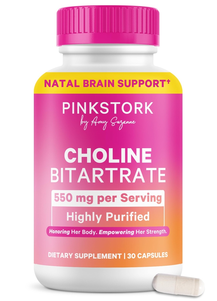 Pink Stork Choline - 550 mg Bitartrate de Choline de VitaCholine pour les mères enceintes + post-partum - Vitamine prénatale pour la santé cognitive foetale + qualité du lait maternel - 1 gélule par jour, 30 comtes
