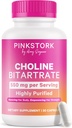 Pink Stork Choline - 550 mg Bitartrate de Choline de VitaCholine pour les mères enceintes + post-partum - Vitamine prénatale pour la santé cognitive foetale + qualité du lait maternel - 1 gélule par jour, 30 comtes