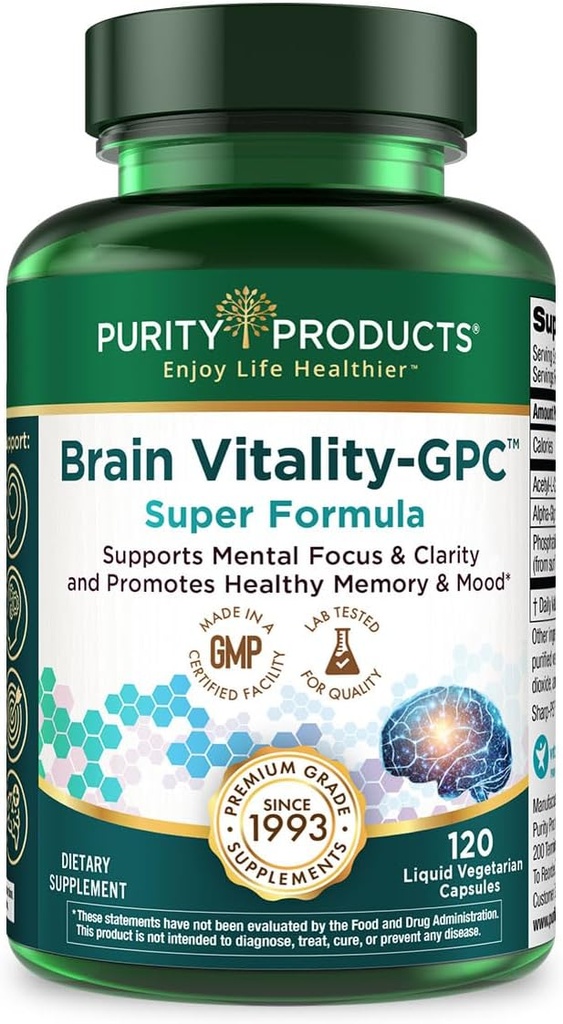 Produits de pureté Vitalité cérébrale-GPC Super Formule acétyle L-Carnitine HCI + Alpha GPC + Phosphatidlysérine - Soutient la concentration normale et la clarté mentale - 120 capsules