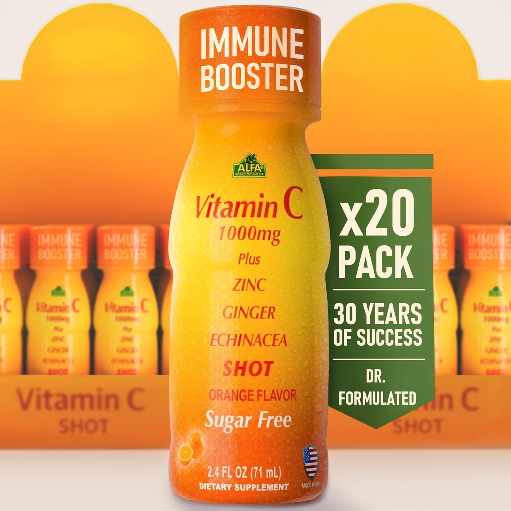 Vitamine C Shot 1000MG - Rehausseur d'immunité au zinc, au gingembre et à l'échinacée - Protégez votre immunité - Combattez le rhume commun - Arôme orange - Bouteille 2,4 FL Oz - 20 Pack