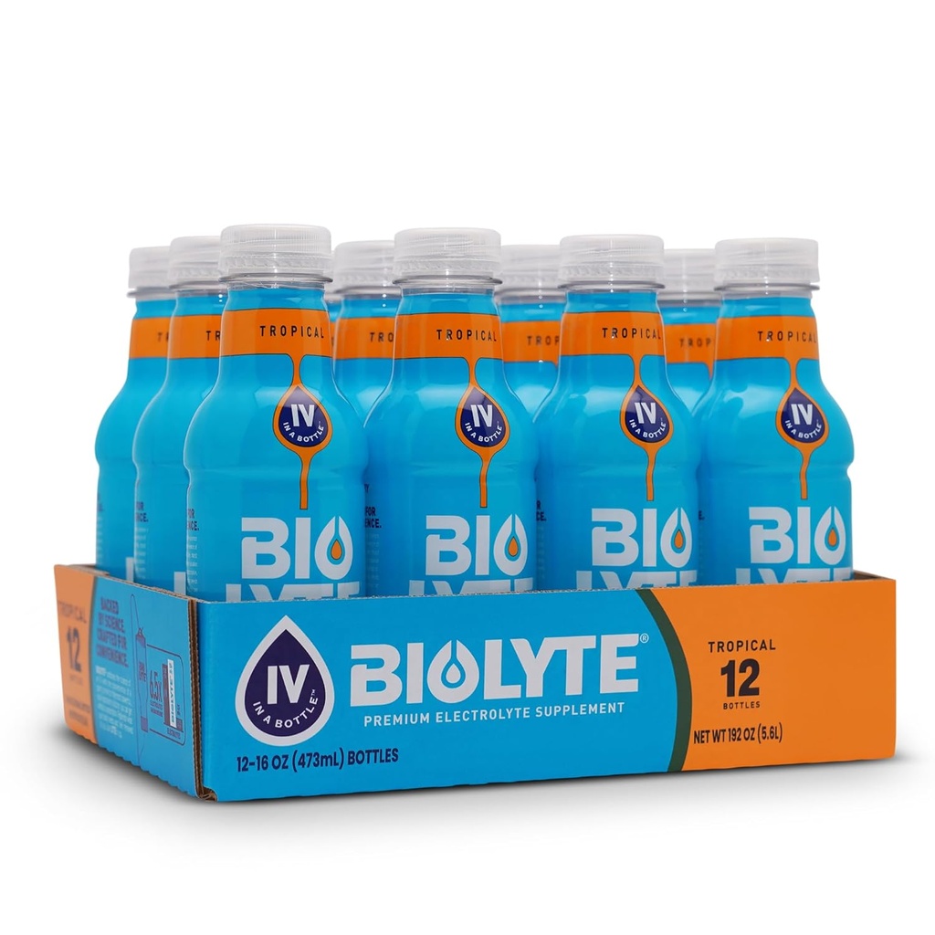Boire d'électrolyte BIOLYTE - boisson d'hydratation, HSA & FSA électrolytes de médecin, l'eau, la chimiothérapie doivent avoir pour les femmes et les hommes, Réhydratation IV liquide dans une bouteille - Tropical, 16 Fl Oz (12 Pack)