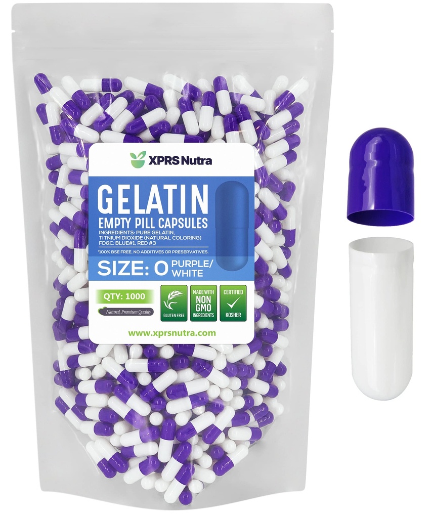 XPRS Nutra Taille 0 Capsules vides - 1000 Compte Capsules de gélatine vides - Pills Bricolage Capsule Remplissage - Pure Pilule Gel Caps pour Do-It-Youlf Suppléments (Purple/White)
